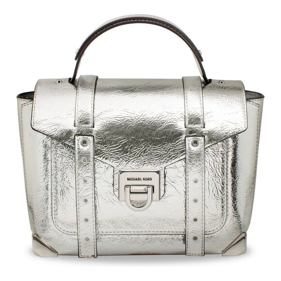 Michael Kors Manhattan Medium Crackled Metallic Leather School Satchel Silver Nw - Picture 1 of 9